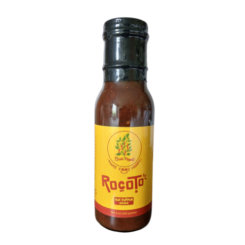 glass bottle of rocoto hot pepper sauce unique flavor