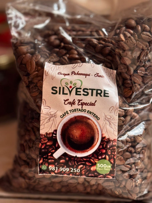500g bag of whole bean peruvian roasted coffee from Junin, cafe tostado entero